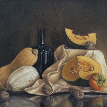 Thanksgiving, a still life oil painting of vegetables, nuts and a bottle by Sabbi Gavrailov, featured uk artist July 2025